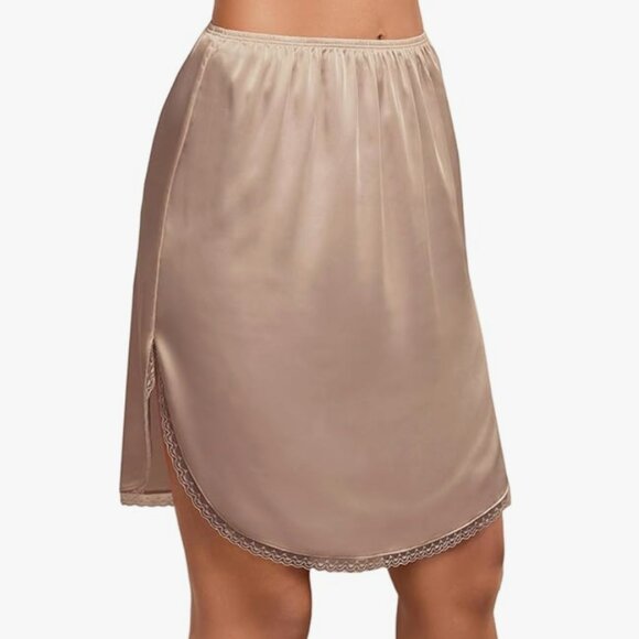 Satin Half Slip with Lace Trim Hem, Elastic Waist, and Side Slits - Picture 1 of 5